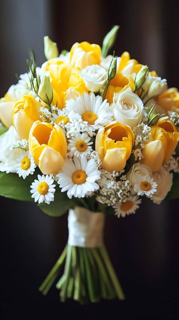 Yellow and white wedding bouquet, bright, cheerful, floral inspiration