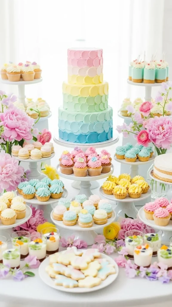 Pastel dessert table with cupcakes and cake, whimsical, wedding inspiration