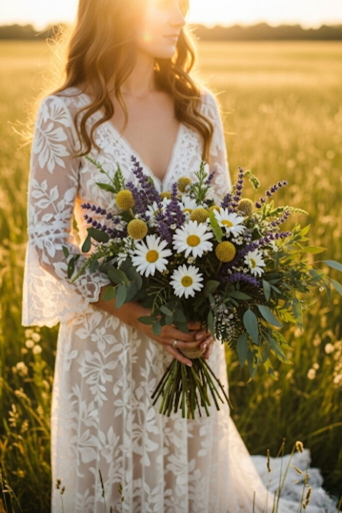 Wildflower wedding bouquet, natural, rustic bridal style