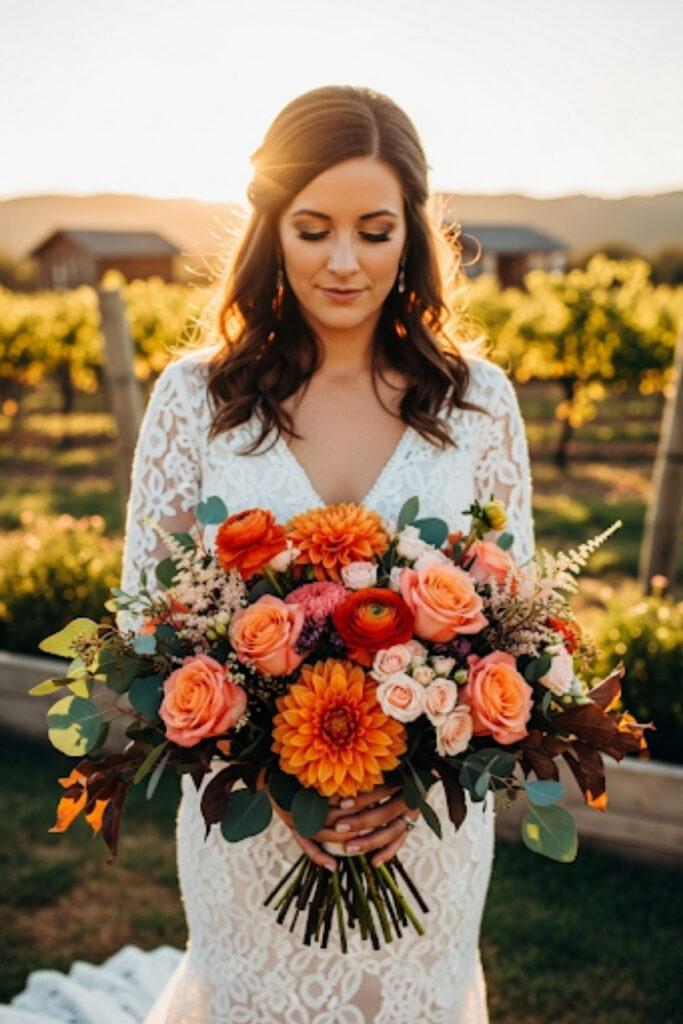 Autumn wedding bouquet with orange roses and dahlias, warm, rustic vibes