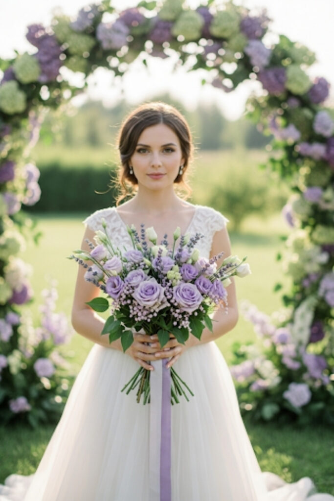 Lavender wedding bouquet with roses, elegant, garden wedding theme