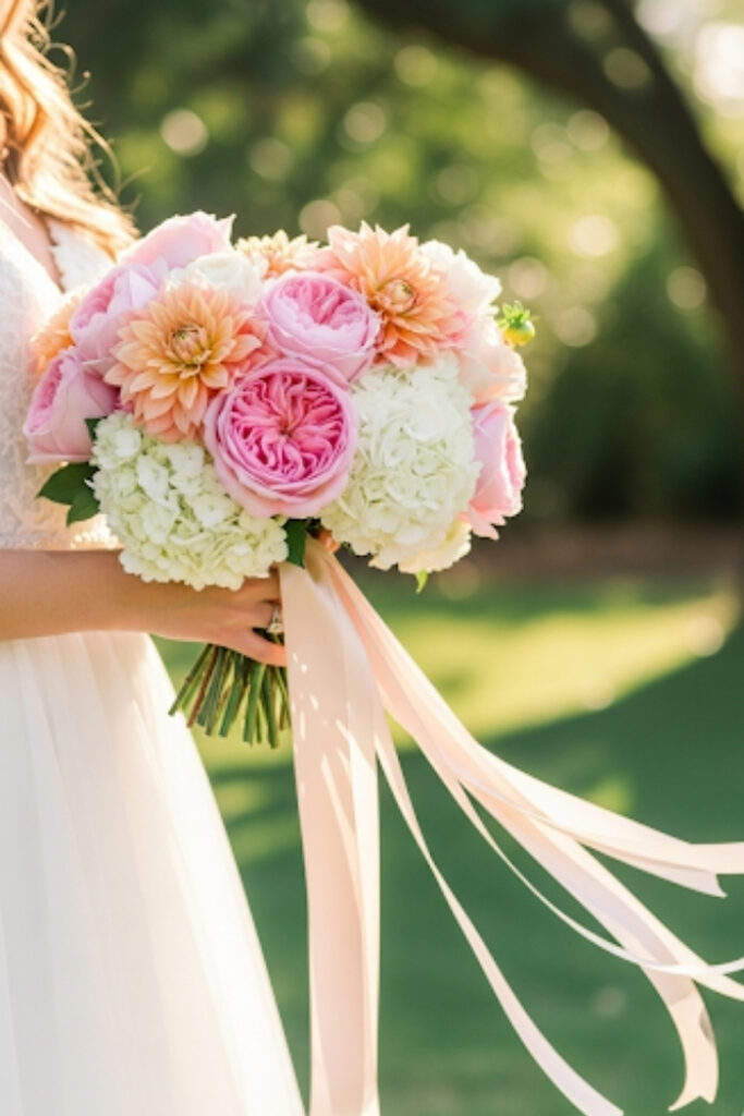 Soft pink and peach wedding bouquet, romantic, elegant bridal style