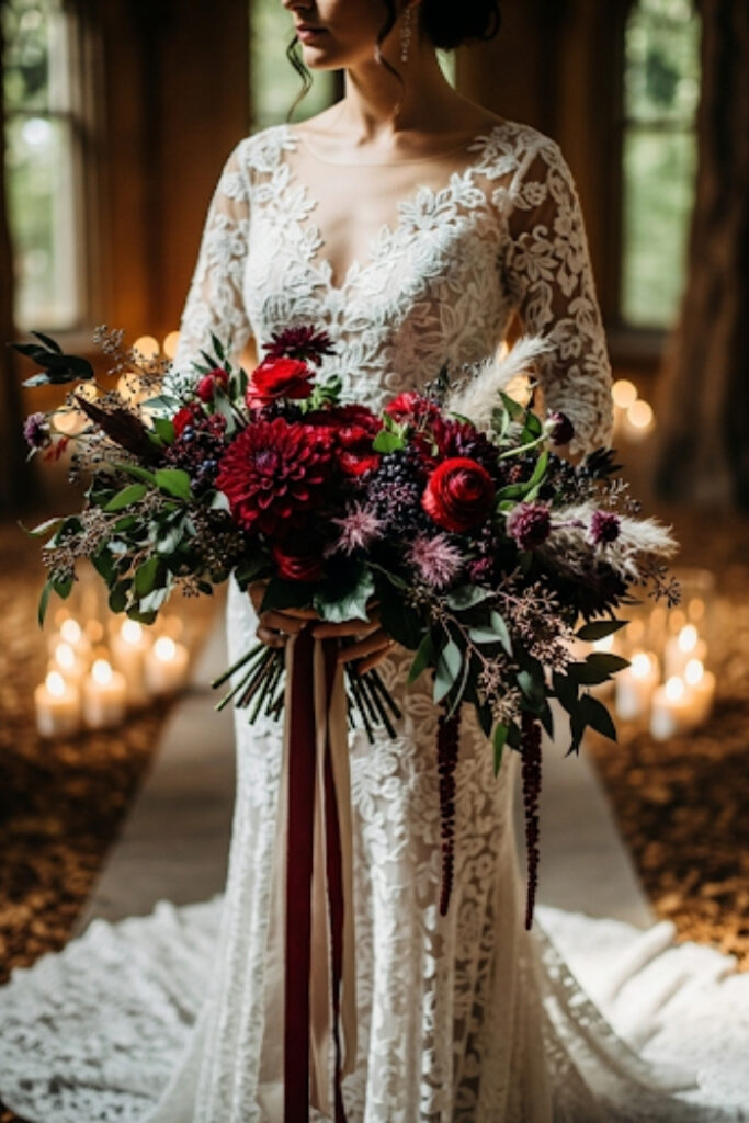 Red and burgundy wedding bouquet, dramatic, luxurious bridal theme