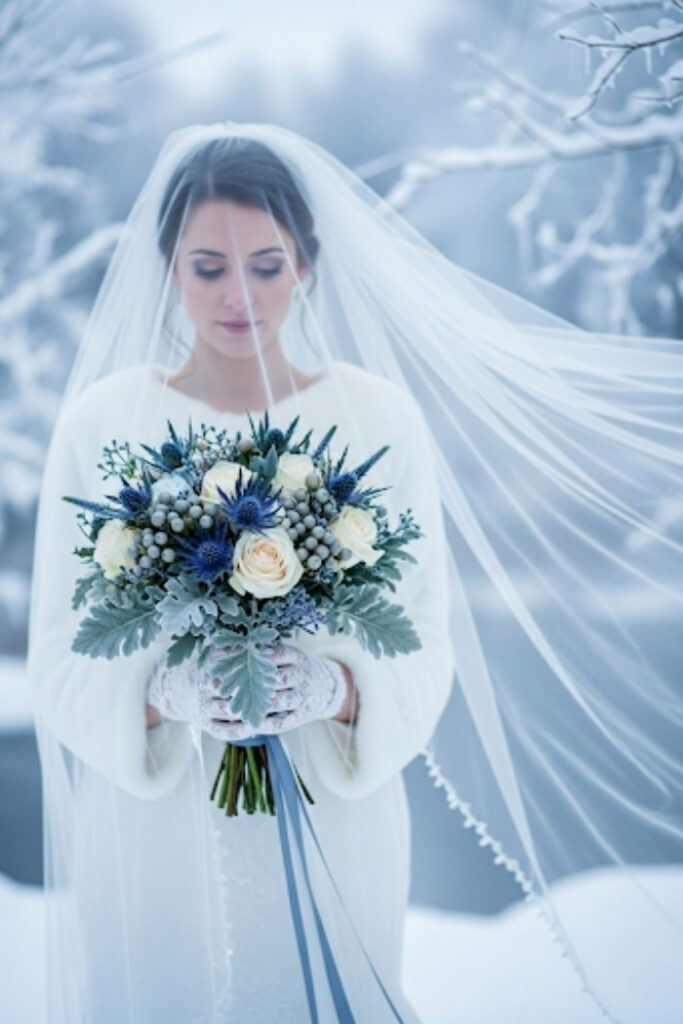 Winter wedding bouquet with blue and white flowers, icy, elegant theme