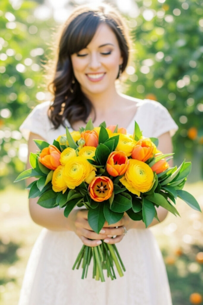 Orange and yellow wedding bouquet, cheerful, sunny bridal style