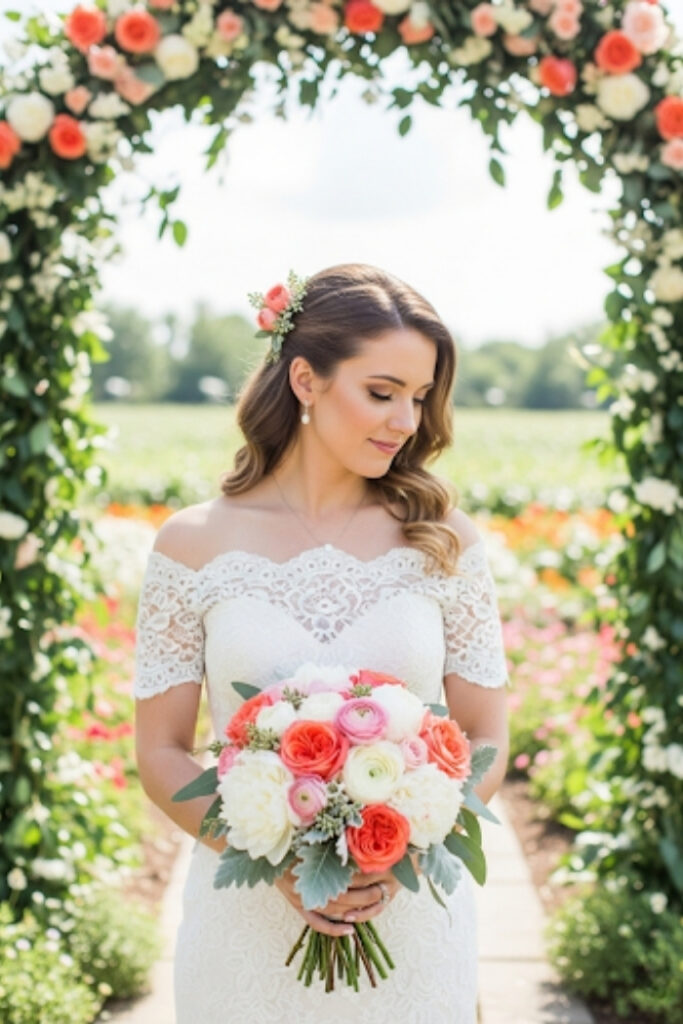 Coral and ivory wedding bouquet, romantic, garden bridal theme