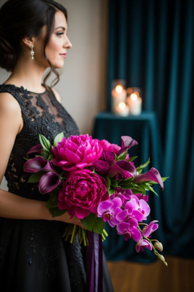 Magenta and orchid wedding bouquet, dramatic, sophisticated style
