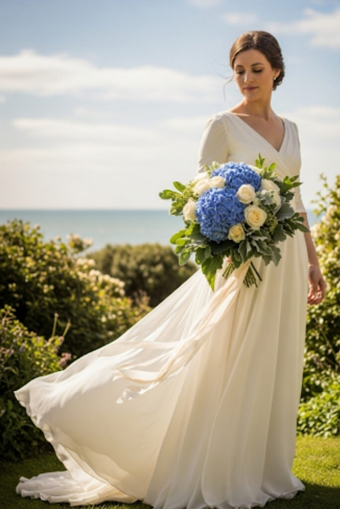 Blue and white wedding bouquet, coastal, fresh bridal theme
