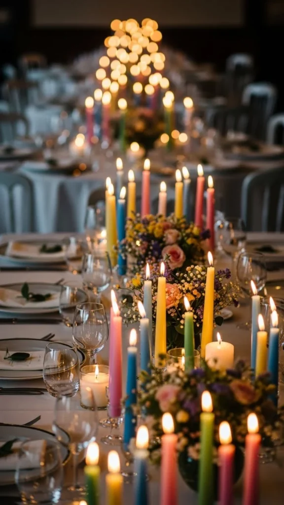 Colorful candlelit wedding reception, vibrant, elegant celebration