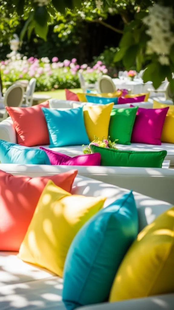 Colorful rainbow lounge pillows, vibrant, playful wedding decor