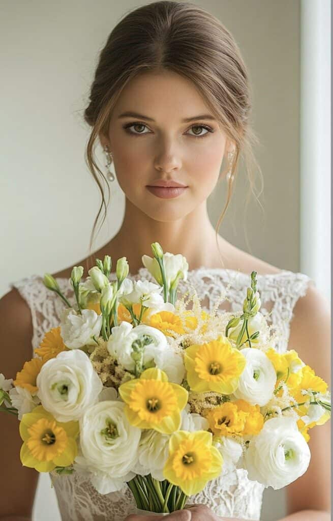 Yellow and white wedding bouquet, bright, cheerful bridal style