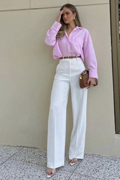 Soft pastel pink shirt with white wide-leg trousers for spring workwear