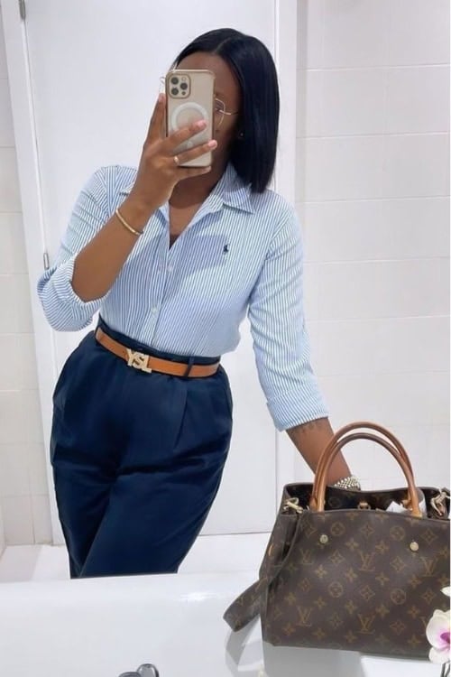 Professional striped shirt with navy trousers for spring office wear