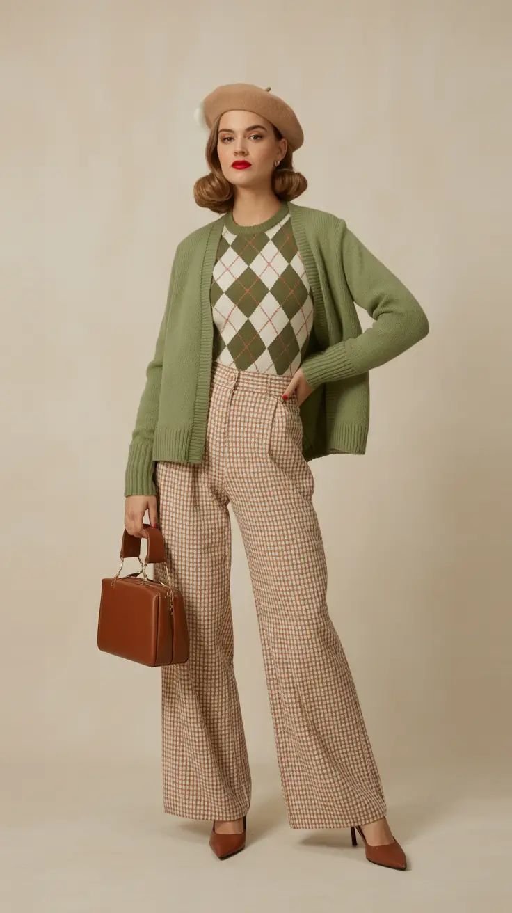 Retro-inspired spring outfit with argyle top and plaid trousers