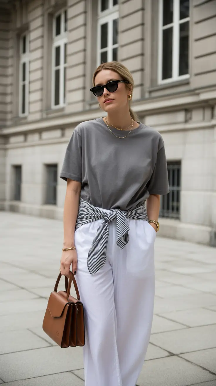 Casual gray tee with white trousers and striped scarf for spring workwear
