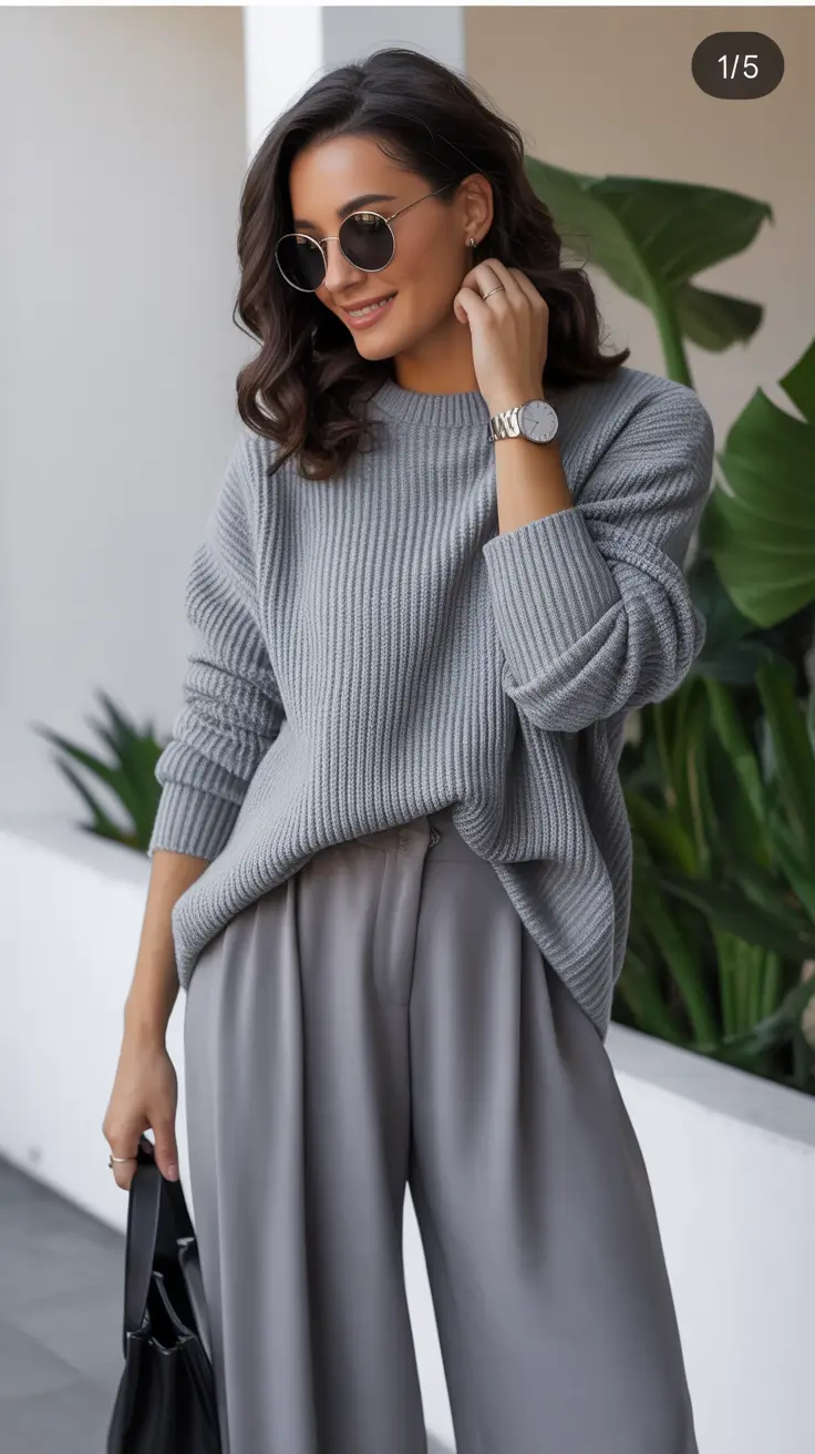Monochrome gray knit sweater and trousers for spring workwear