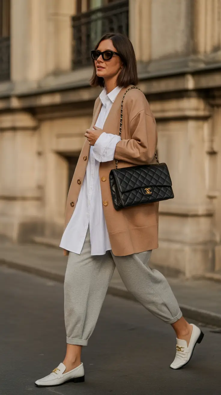 Layered neutral cardigan and oversized shirt for an urban spring work look