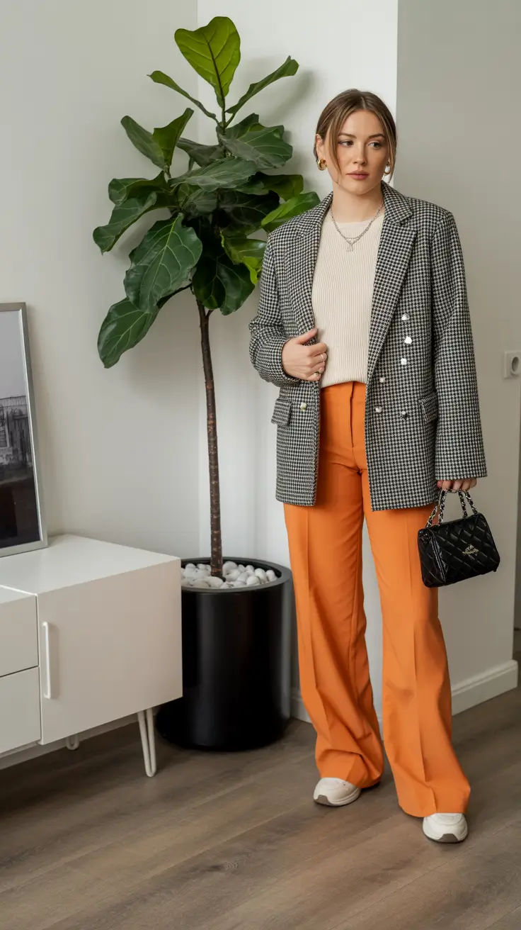 Structured houndstooth blazer with orange trousers for a chic spring look