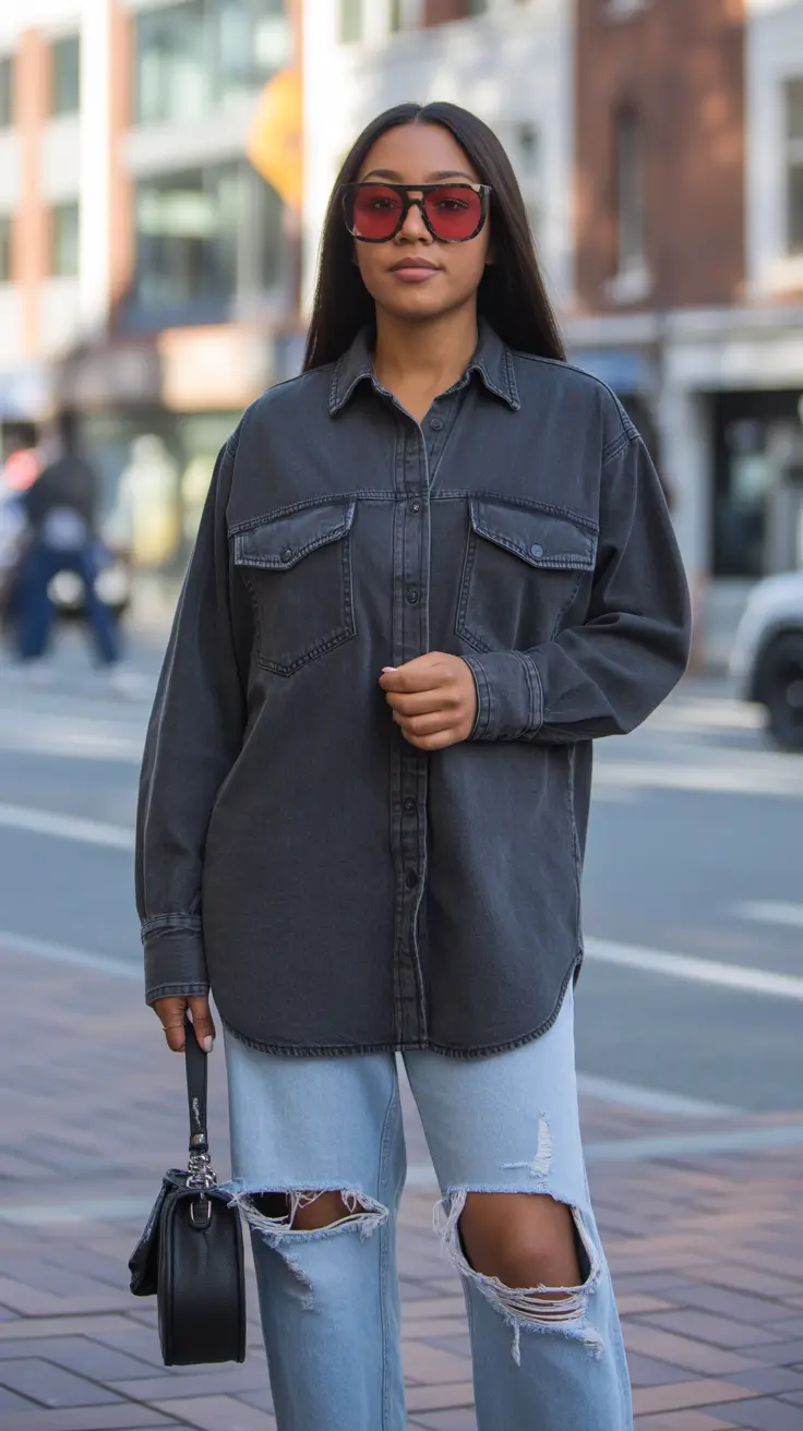 Oversized denim shirt with ripped jeans for casual spring workwear
