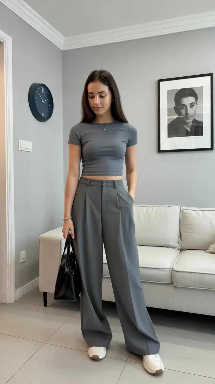 Sporty gray crop top with wide-leg trousers for spring workwear