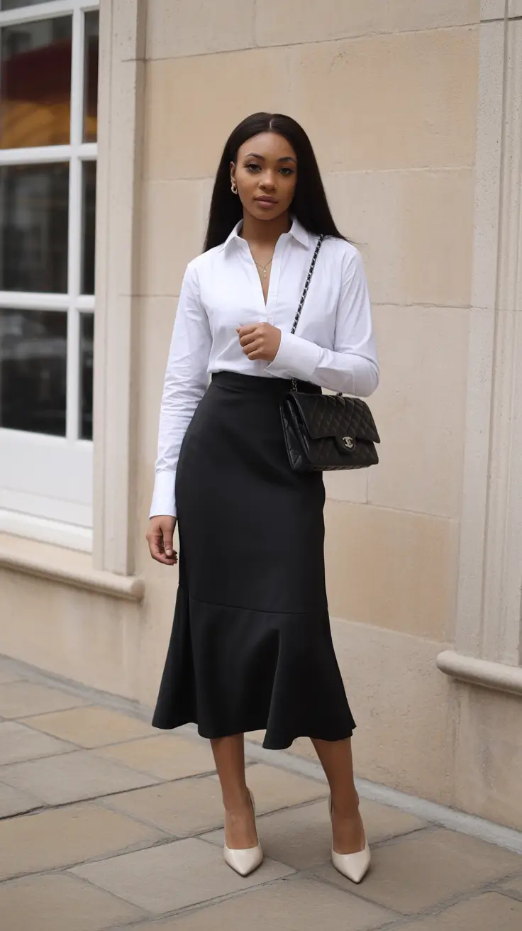 Black skirt and white shirt for a classic spring work outfit