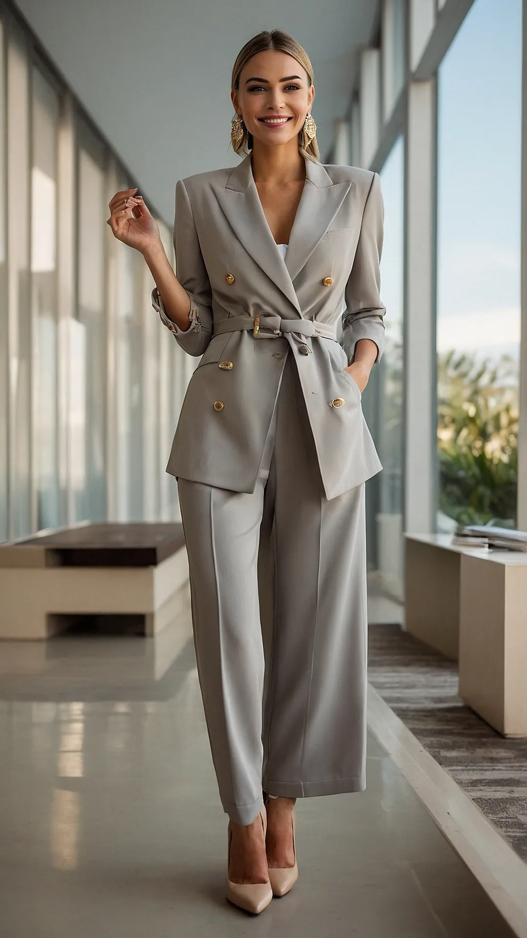 Gray double-breasted suit for a timeless spring work look