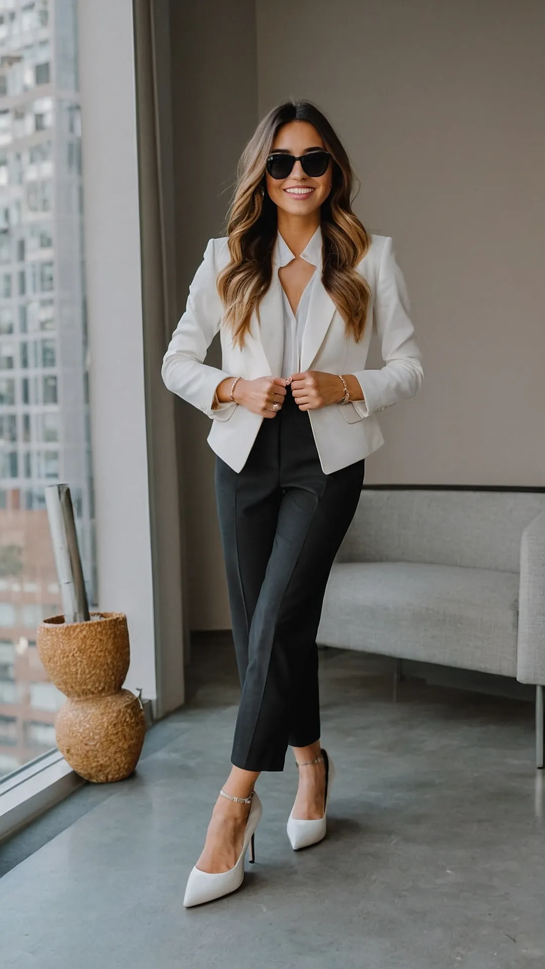 White blazer with black trousers for a classic and elegant work look