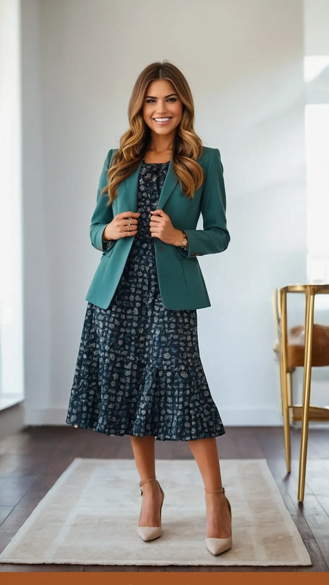 Emerald blazer with floral dress for a vibrant spring look