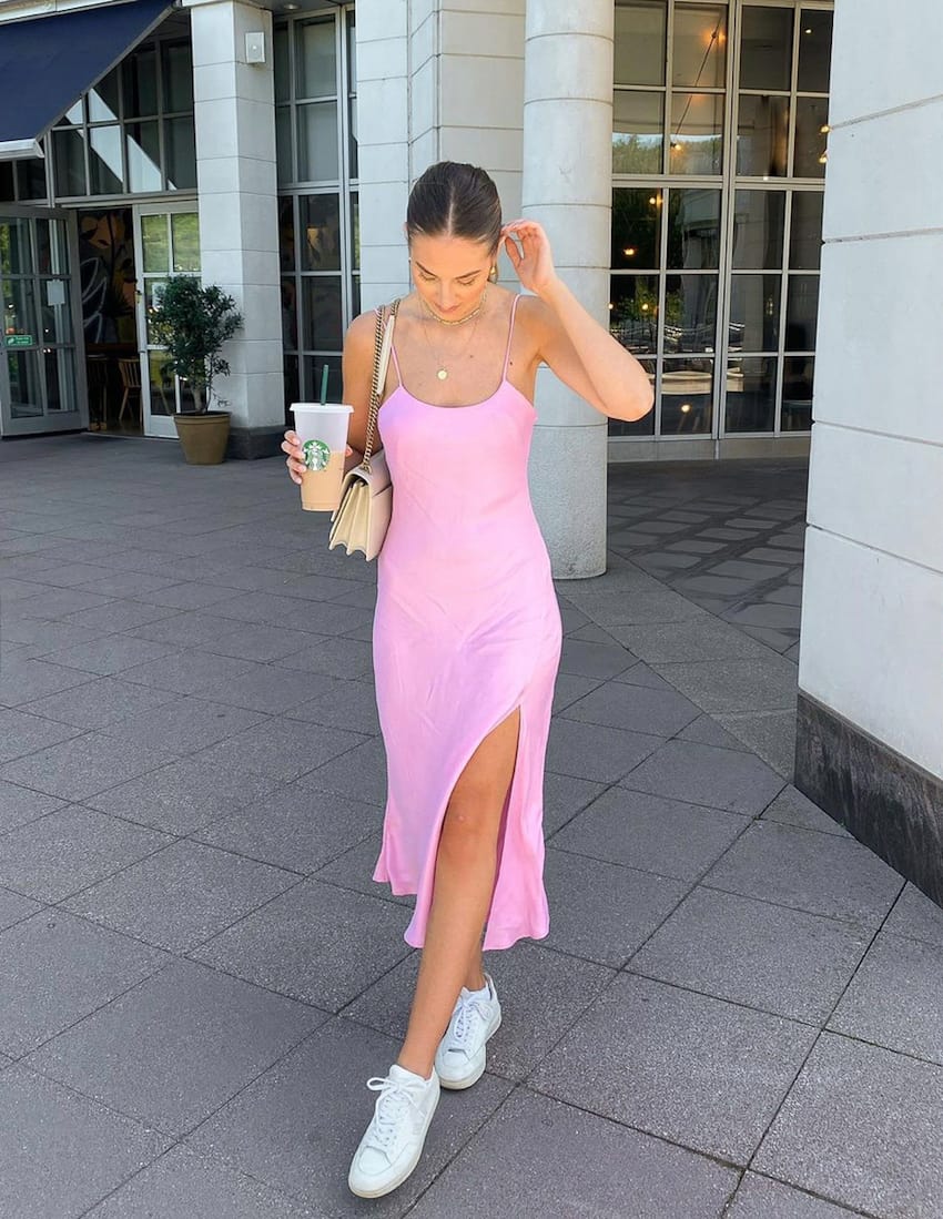 pink slip dress with sneakers