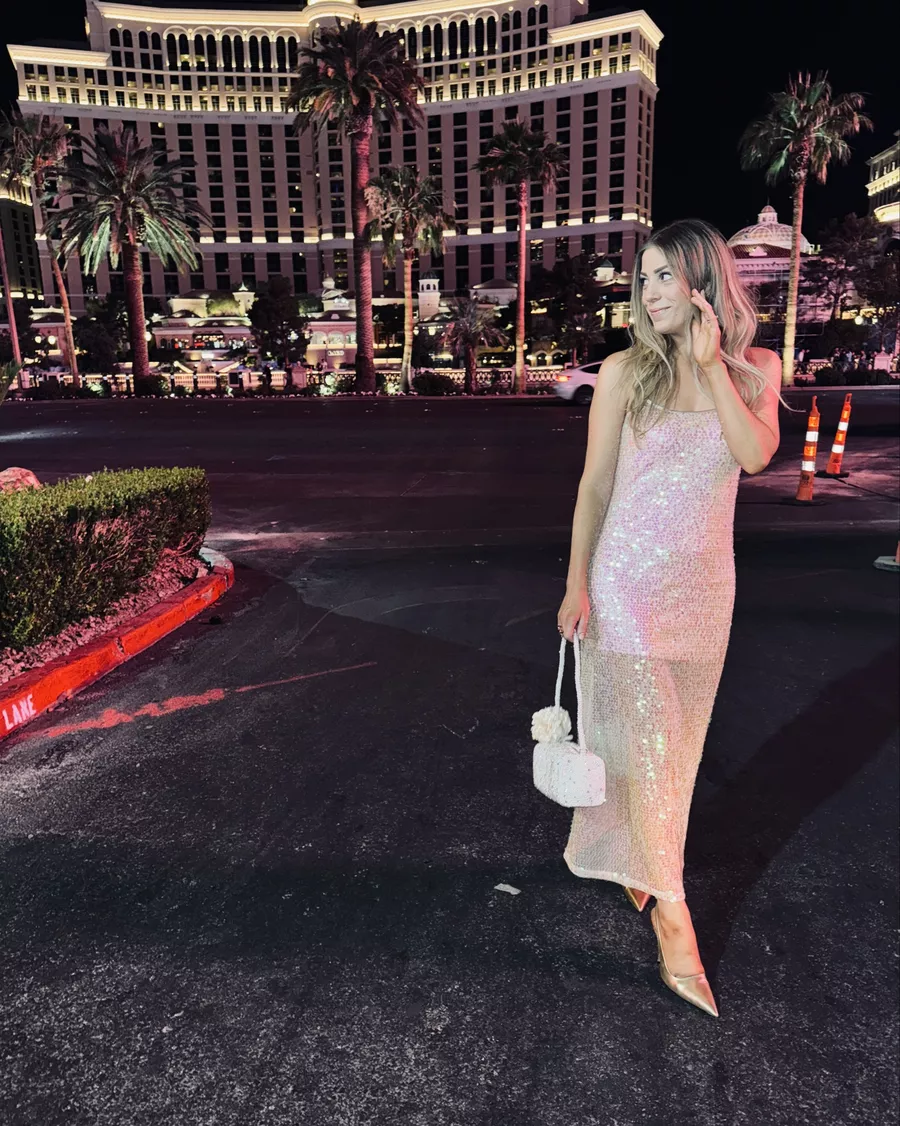 sequin maxi dress with simple clutch