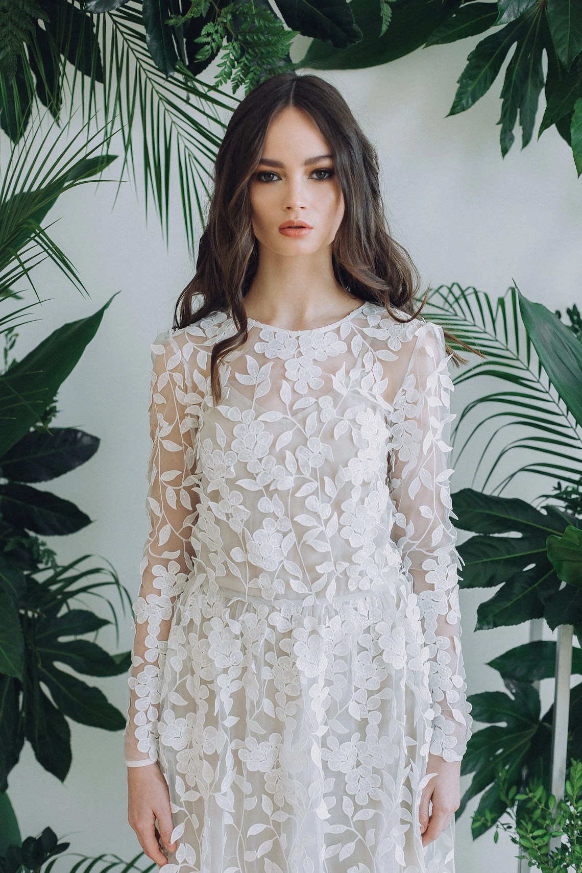 Floral applique wedding dress with sheer sleeves