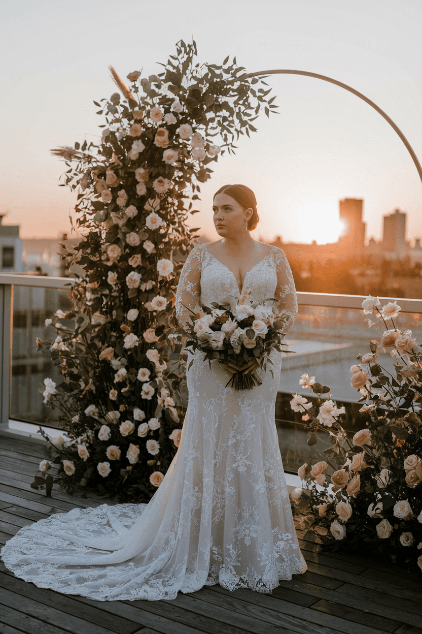 Lace sleeve wedding dress with sunset background