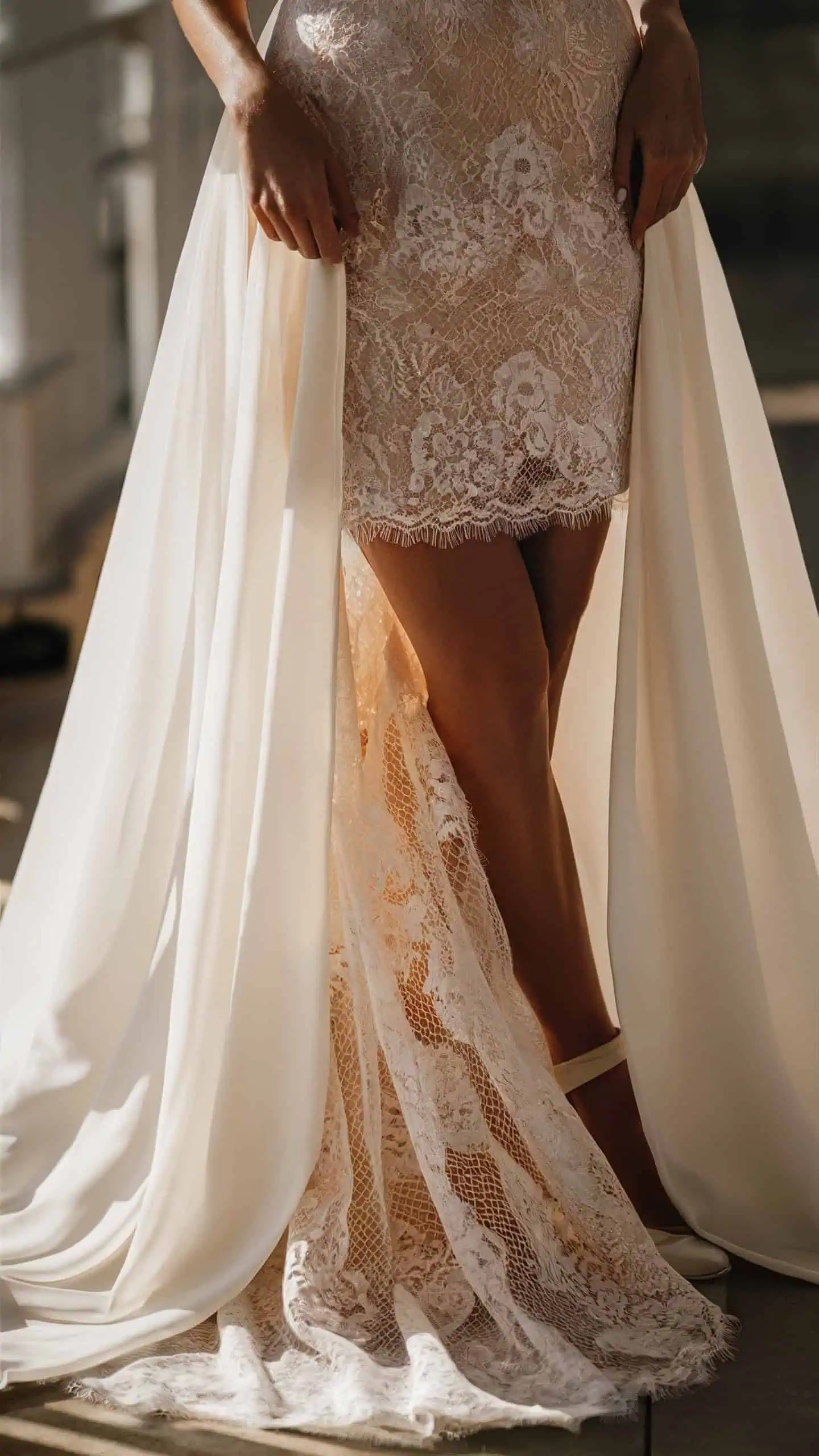 Lace and chiffon wedding dress with train