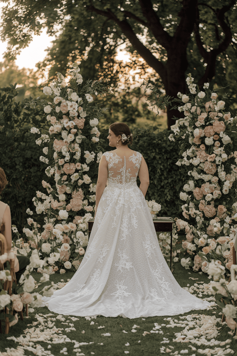 Lace wedding gown with garden setting
