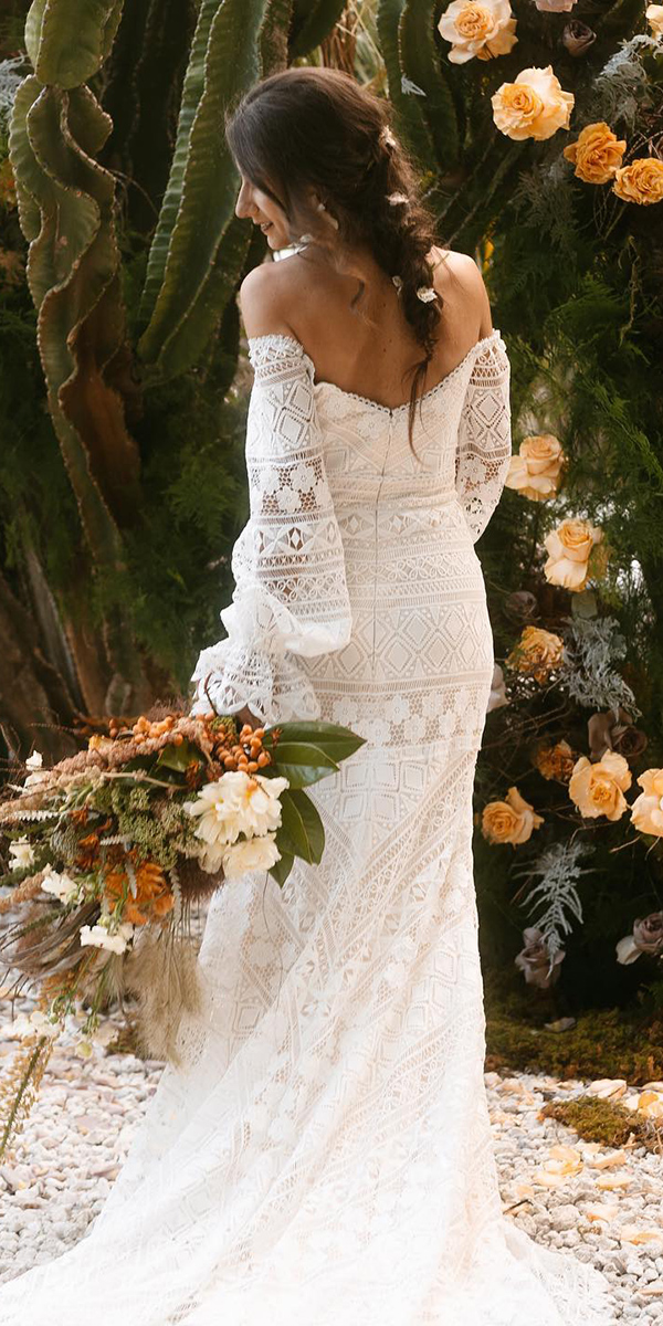 Off-shoulder bohemian lace wedding dress