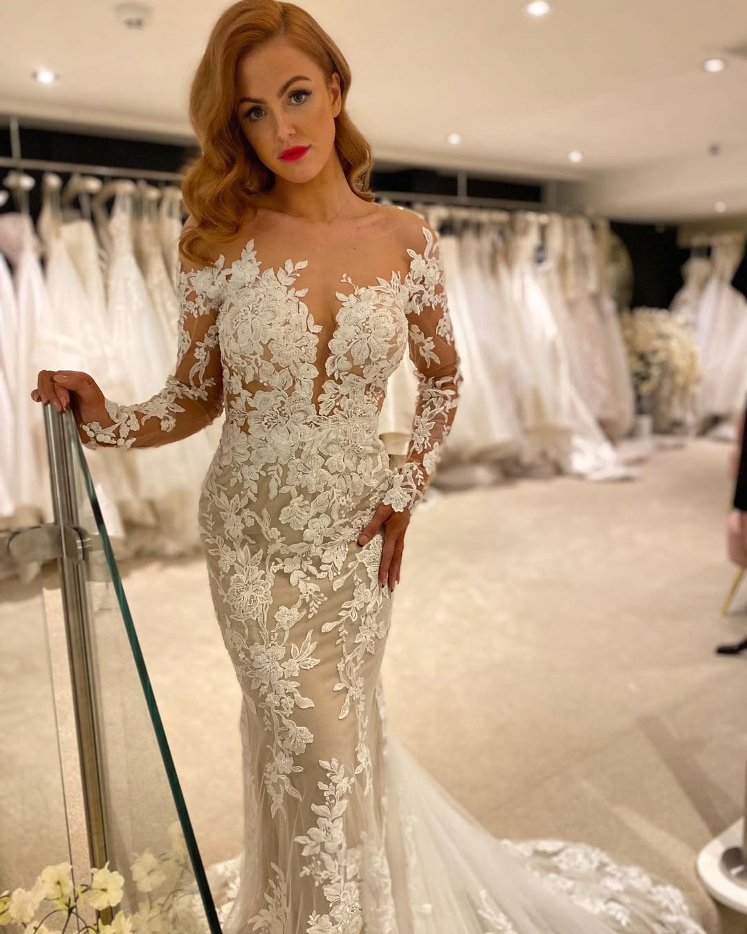 Fit-and-flare floral applique wedding gown