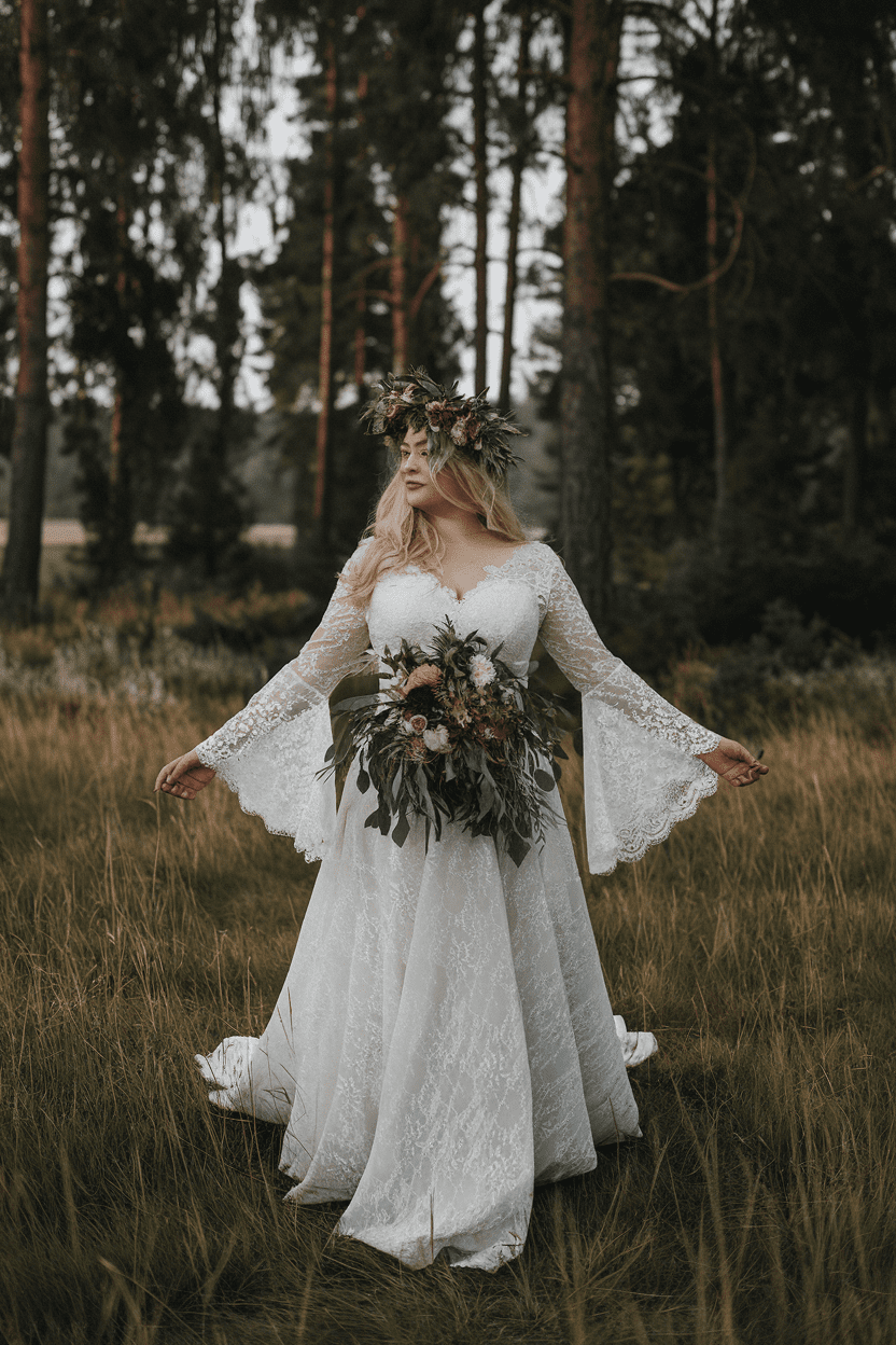 Bohemian wedding dress with bell sleeves
