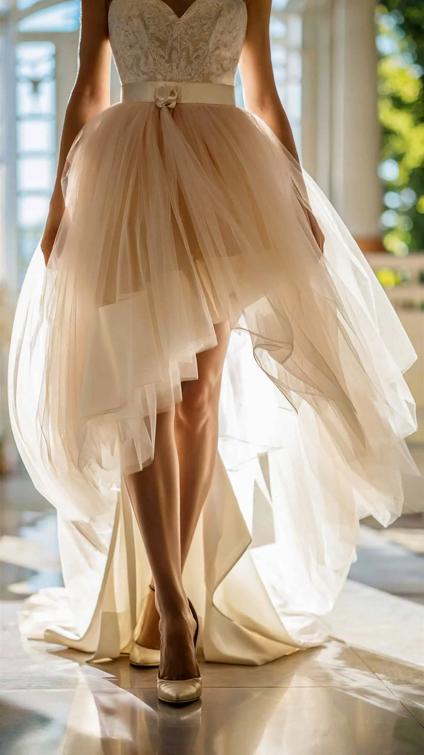 Asymmetrical tulle wedding dress with bow