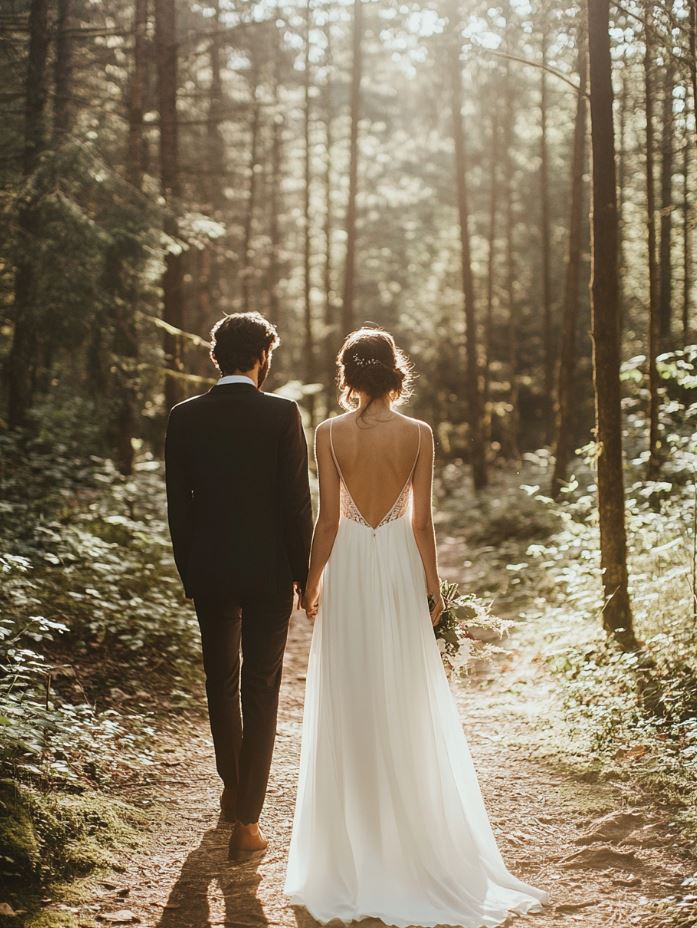 Open back wedding dress with forest setting