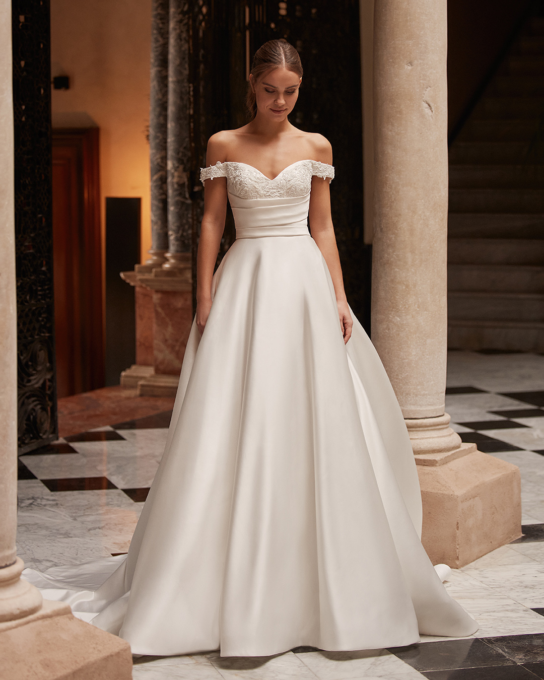 Off-shoulder satin wedding dress