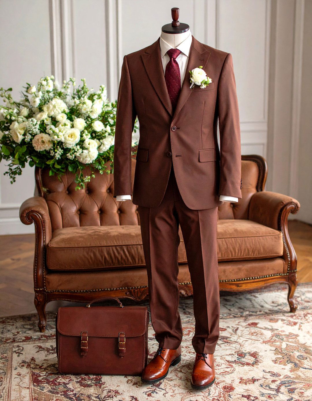 Brown wedding suit with leather accents