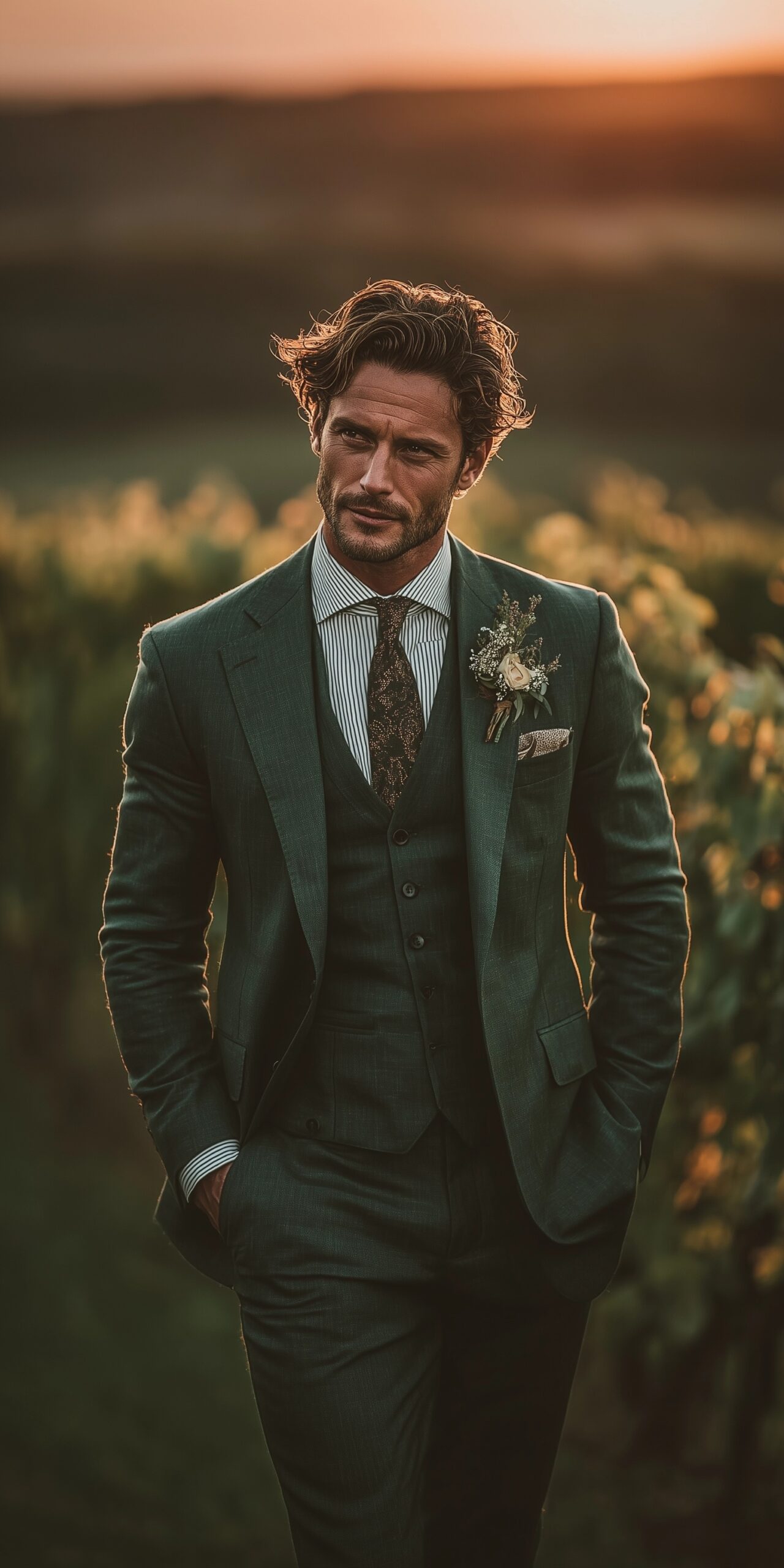 Three-piece green suit for rustic wedding