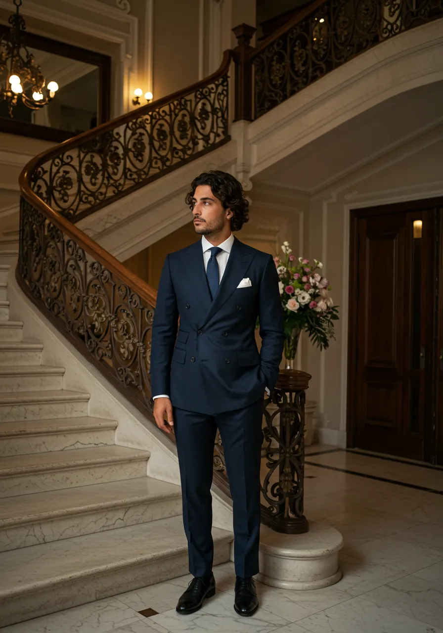 Navy double-breasted suit for formal events