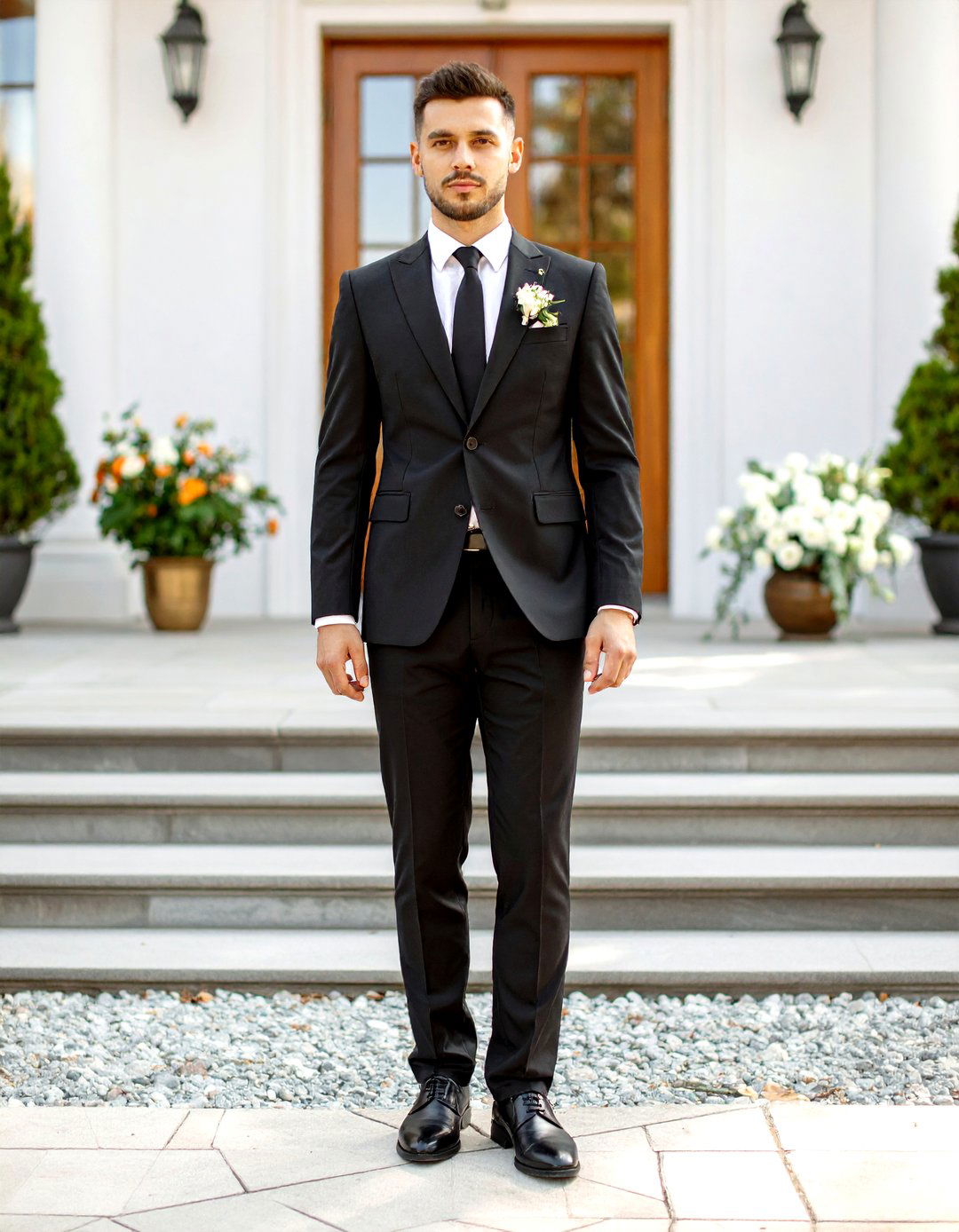 Slim black suit with white shirt