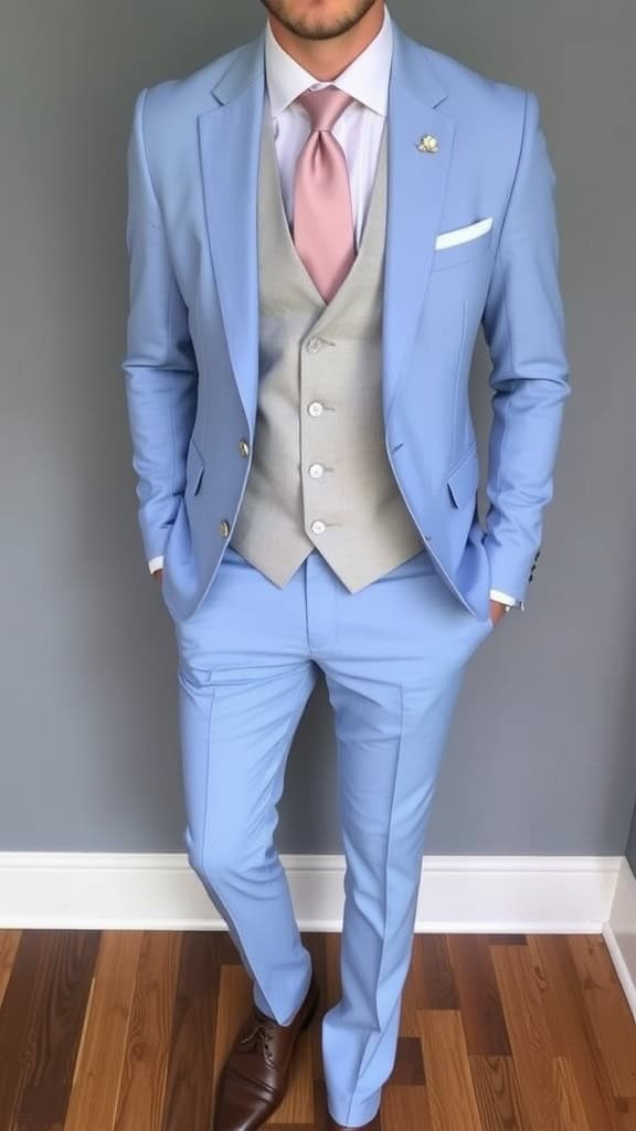 Light blue suit with pink tie for spring weddings