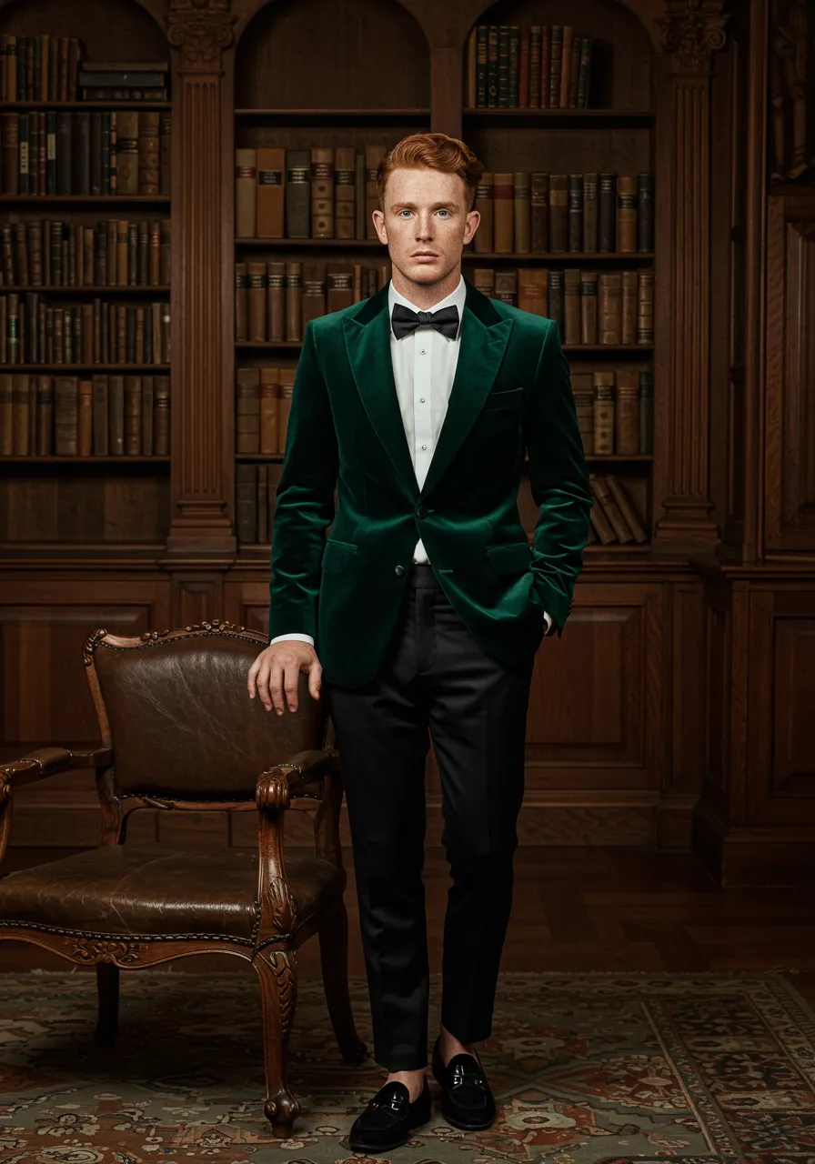 Green velvet jacket with black trousers for formal events