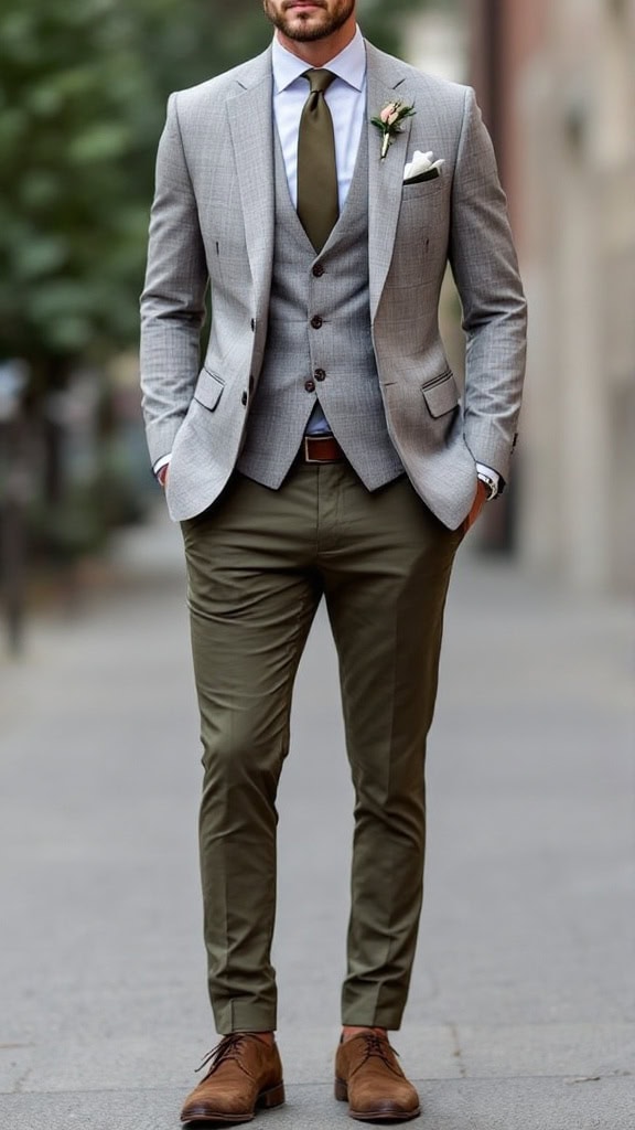 Grey blazer with olive pants for a modern twist