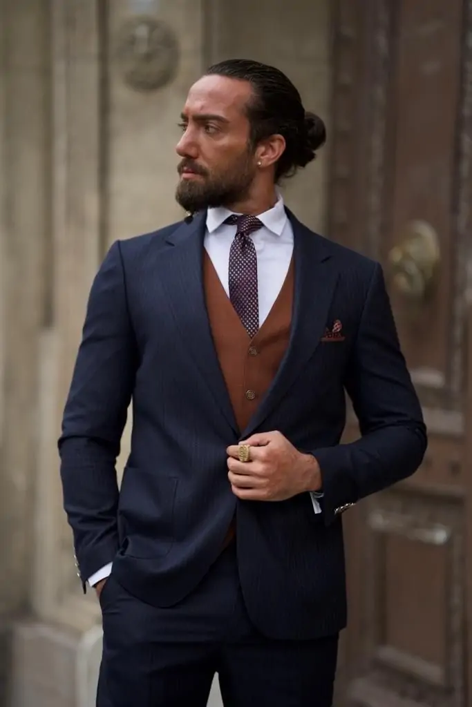 Navy suit with rust waistcoat for men