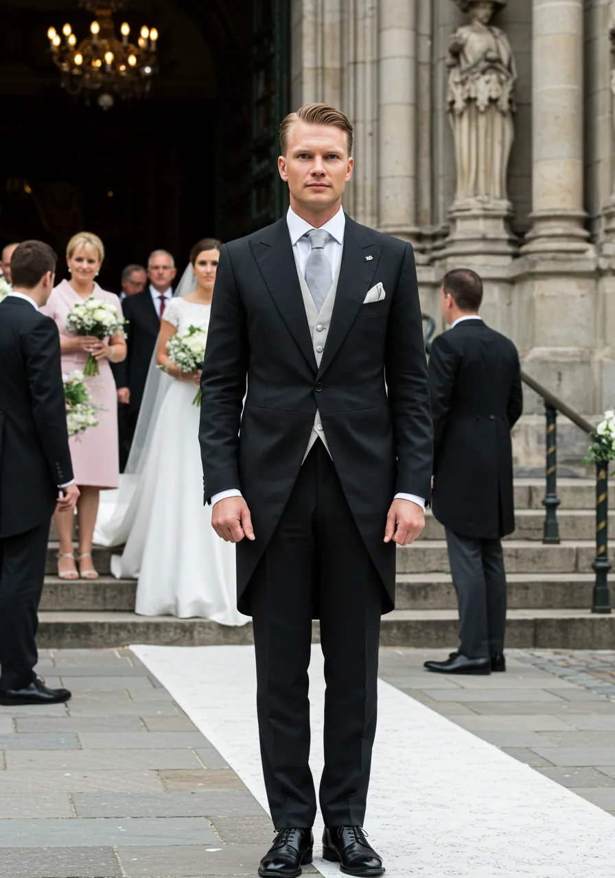Black tailcoat suit for formal wedding