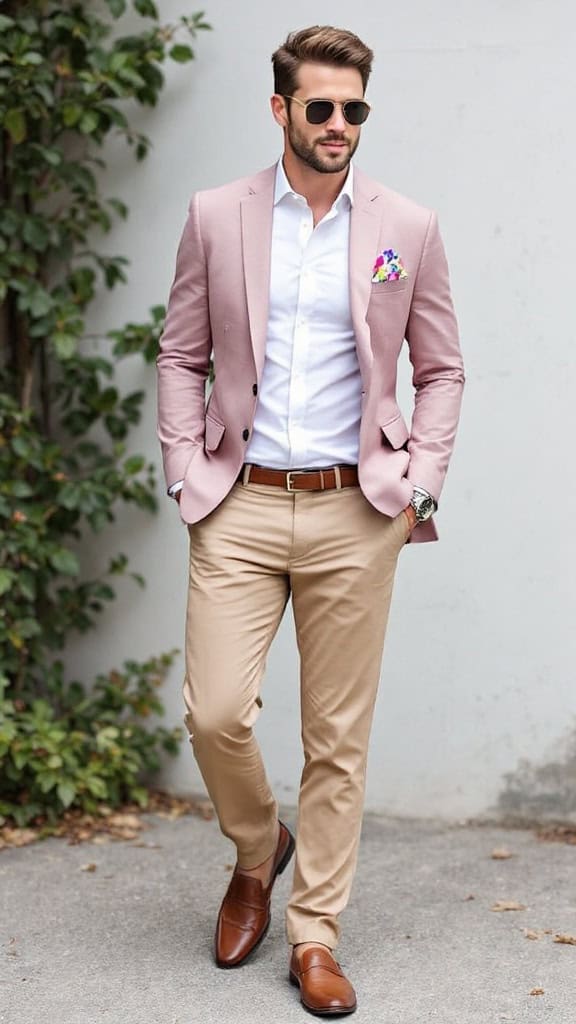 Pastel pink blazer with beige pants